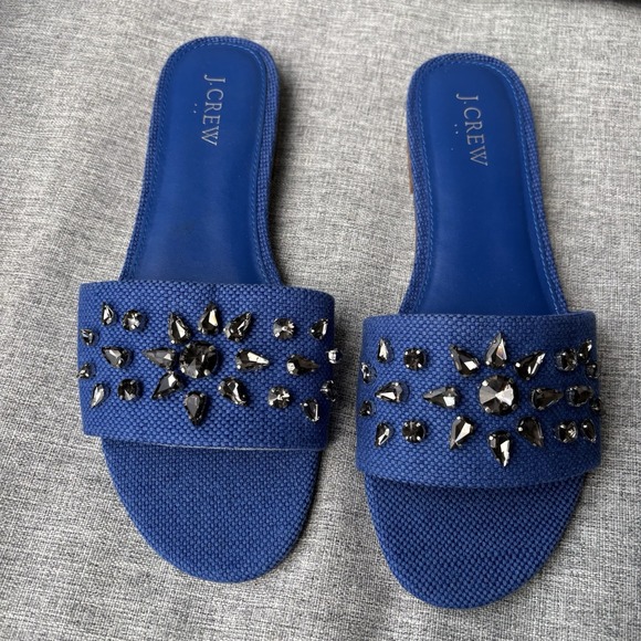 J. Crew Factory Sz 8 Jewel Slide Sandals Crystals‎  Blue Canvas - Picture 3 of 12